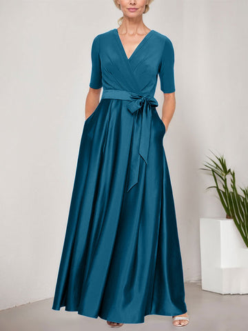 Surplice Neckline Ballgown with Full Satin Skirt & Jersey Bodice