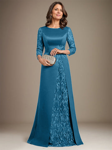 A-Line Scoop Floor-Length Lace Satin Mother Of the Bride Dress With Applique