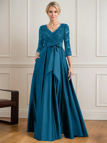 A-line V-Neck Floor-Length Satin Lace Mother of the Bride Dress With Sequins Bow