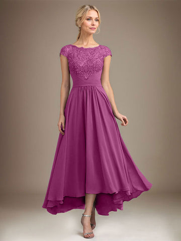 A-line Scoop Illusion Asymmetrical Lace Chiffon Mother of the Bride Dress With Pleated