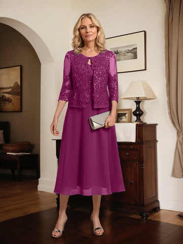 A-line Scoop Tea-Length Lace Chiffon Mother of the Bride Dress With Sequins
