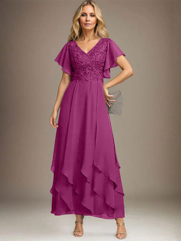 A-line V-Neck Ankle-Length Lace Chiffon Mother of the Bride Dress With Cascading Ruffles