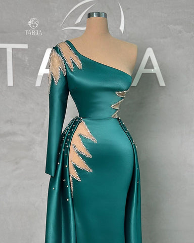 Amazing Floor Length One Shoulder Rhinestones Long Sleeve Prom Dress With Detachable Train