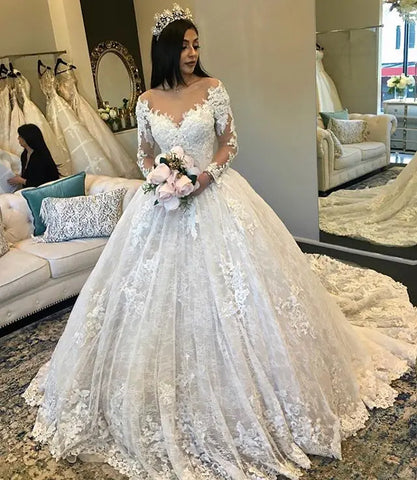 Amazing New Puffy Wedding Dresses Sheer Neck Long Sleeves Ball Gown Court Train Beaded Lace Bride Dress mariage