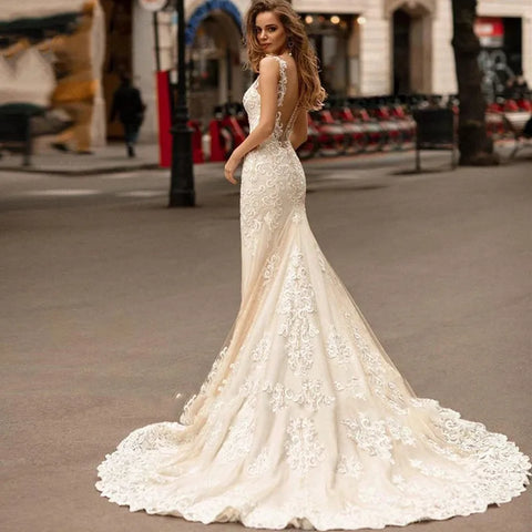 Appliques Vestido De Noiva Deep V-neck Mermaid Vestidos De Novia Vintage Wedding Dresses Lace Robe De Mariée