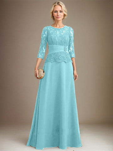 A-line Scoop Illusion Floor-Length Chiffon Lace Mother of the Bride Dress With Pleated Sequins Beading