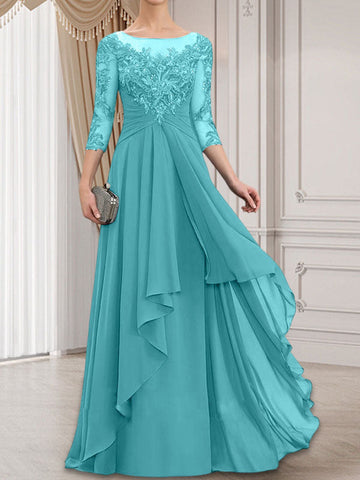A-line Scoop Illusion Floor-Length Lace Chiffon Mother of the Bride Dress With Cascading Ruffles