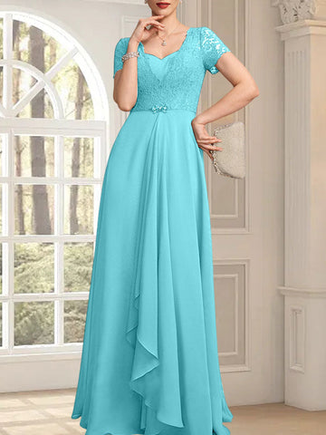 A-line Sweetheart Floor-Length Chiffon Lace Mother of the Bride Dress With Beading Cascading Ruffles