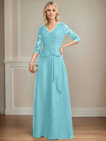 A-line V-Neck Floor-Length Lace Chiffon Mother of the Bride Dress With Cascading Ruffles Sequins