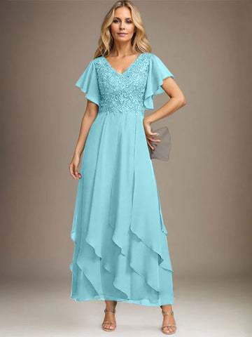 A-line V-Neck Ankle-Length Lace Chiffon Mother of the Bride Dress With Cascading Ruffles