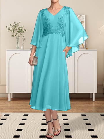 A-line V-Neck Tea-Length Chiffon Lace Mother of the Bride Dress With Beading Sequins