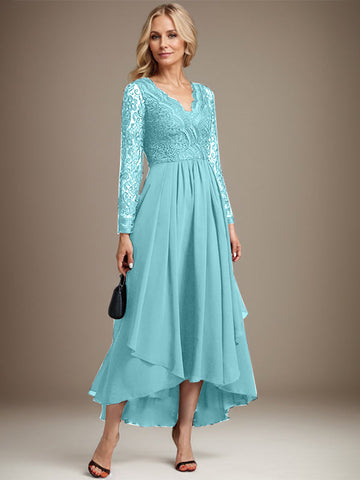 A-line V-Neck Asymmetrical Lace Chiffon Mother of the Bride Dress