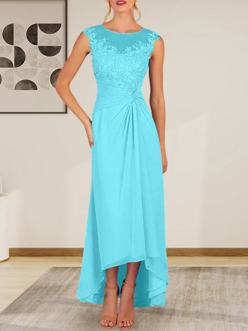 Vestido de gasa de encaje color champán, corte en A, escote redondo