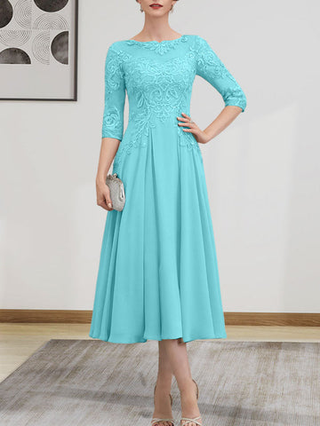 A-line Scoop Illusion Tea-Length Chiffon Lace Mother of the Bride Dress With Beading Sequins