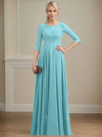 A-line Scoop Illusion Floor-Length Lace Chiffon Mother of the Bride Dress With Sequins