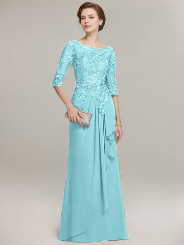 A-line Scoop Illusion Floor-Length Lace Chiffon Mother of the Bride Dress With Cascading Ruffles