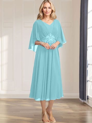 A-line V-Neck Tea-Length Chiffon Mother of the Bride Dress With Pleated Sequins Appliques Lace Beadind