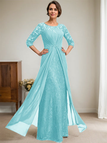 A-Line Scoop Illusion Floor-Length Lace Chiffon Mother Of the Bride Dress With Beading Ruffles