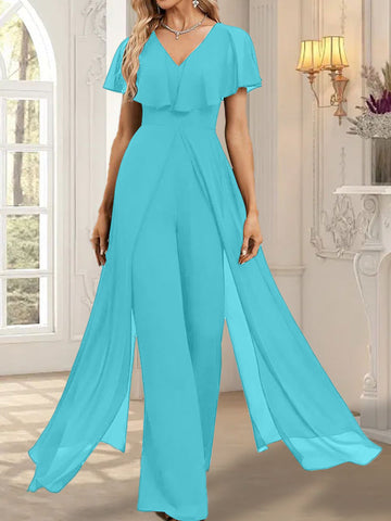 Jumpsuit/Pantsuit V-Neck Floor-Length Chiffon Evening Dress