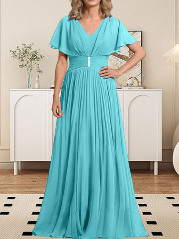 A-line V-Neck Floor-Length Chiffon Mother of the Bride Dress With Crystal Brooch Pleated