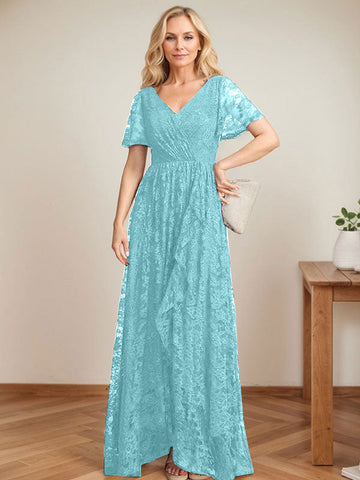 Vestido de novia de encaje asimétrico con escote en V y corte en A para la madre de la novia, con volantes en cascada. 