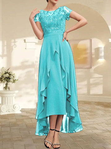 A-line Scoop Illusion Asymmetrical Chiffon Lace Mother of the Bride Dress With Bow Ruffle Sequins