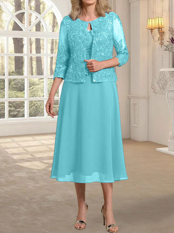 A-line Scoop Tea-Length Lace Chiffon Mother of the Bride Dress With Sequins
