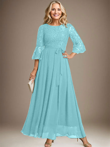 A-line Scoop Ankle-Length Lace Chiffon Mother of the Bride Dress With Bow