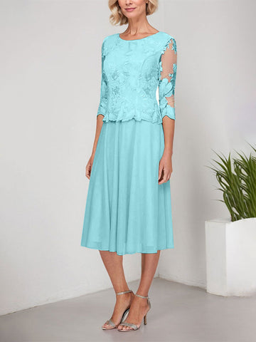 A-line Scoop Tea-Length Lace Chiffon Mother of the Bride Dress With Embroidery