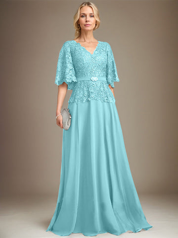 A-line V-Neck Floor-Length Chiffon Lace Mother of the Bride Dress With Crystal Brooch Rhinestone