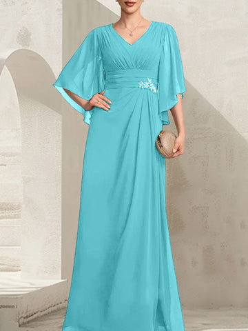 Sheath/Column V-Neck Floor-Length Chiffon Mother of the Bride Dress With Pleated Sequins Beading