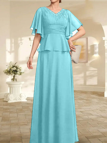 A-line V-Neck Floor-Length Chiffon Mother of the Bride Dress With Pleated Beading