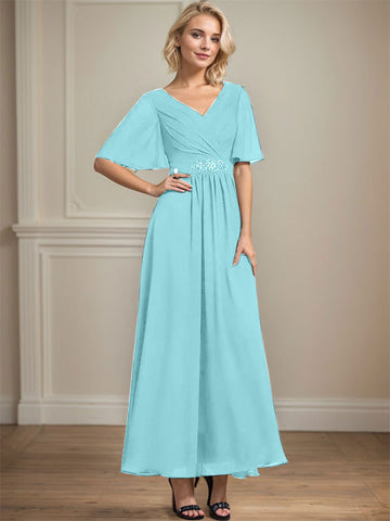 A-line V-Neck Ankle-Length Chiffon Mother of the Bride Dress With Pleated Beading Sequins