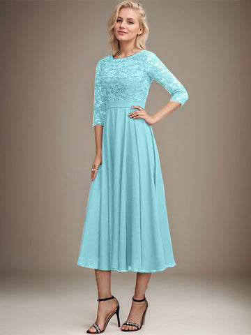A-line Scoop Tea-Length Lace Chiffon Mother of the Bride Dress With Sequins