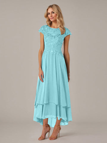 A-line Boat Neck Illusion Asymmetrical Chiffon Lace Mother of the Bride Dress With Applique Pleats