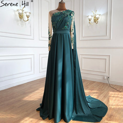 On Sale no return no refund Sale Arabic One Shoulder Olive Green Muslim Evening Dress with Cape Long Sleeves Women Wedding Party Gowns Elegant Plus Size LA70985