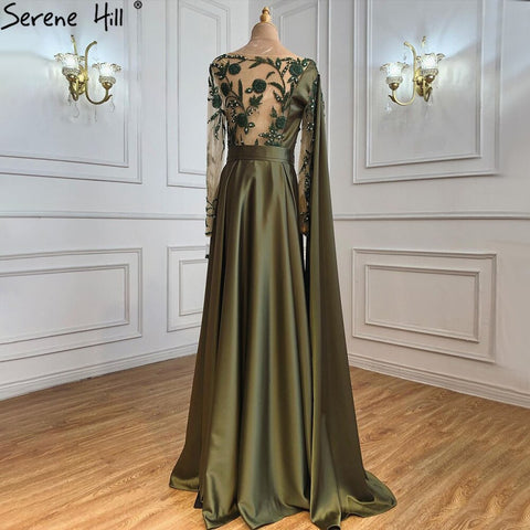 On Sale no return no refund Sale Arabic One Shoulder Olive Green Muslim Evening Dress with Cape Long Sleeves Women Wedding Party Gowns Elegant Plus Size LA70985