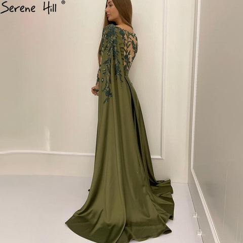 On Sale no return no refund Sale Arabic One Shoulder Olive Green Muslim Evening Dress with Cape Long Sleeves Women Wedding Party Gowns Elegant Plus Size LA70985