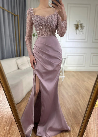 Arabic Pink High Split Beaded Luxury Dubai Long Evening Dresses Gowns For Women Wedding Party 2025 LA71917