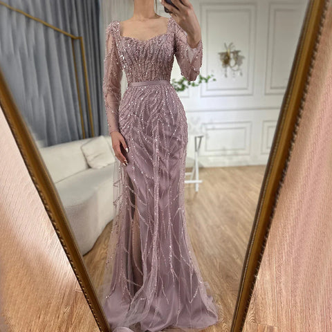 Arabic Pink High Split Beaded Luxury Dubai Long Evening Dresses Gowns For Women Wedding Party 2025 LA71917