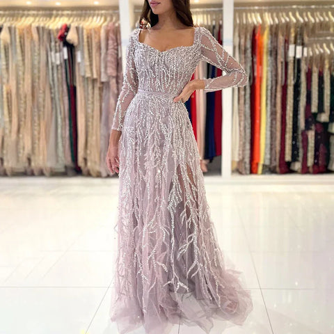 Arabic Pink High Split Beaded Luxury Dubai Long Evening Dresses Gowns For Women Wedding Party 2025 LA71917
