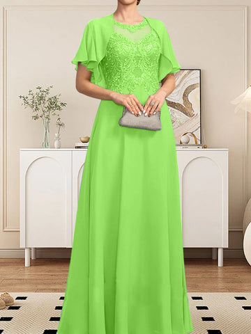 A-line Scoop Illusion Floor-Length Lace Chiffon Mother of the Bride Dress With Sequins