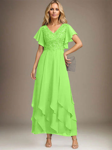 A-line V-Neck Ankle-Length Lace Chiffon Mother of the Bride Dress With Cascading Ruffles