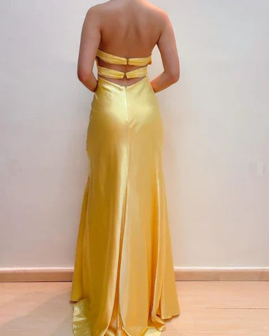 Robe de bal élégante jaune en satin à col halter et perles, fente sirène, robe de soirée Y8426