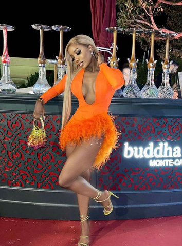 Robe de soirée orange sexy à décolleté plongeant en V et plumes, manches longues, Y4447