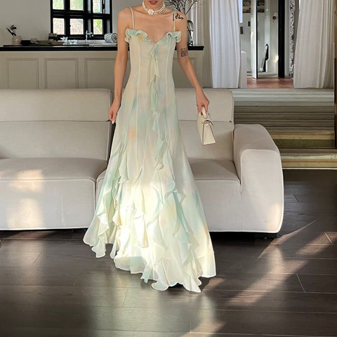 Magnifique robe de bal verte en mousseline à volants superposés et bretelles, référence Y7897