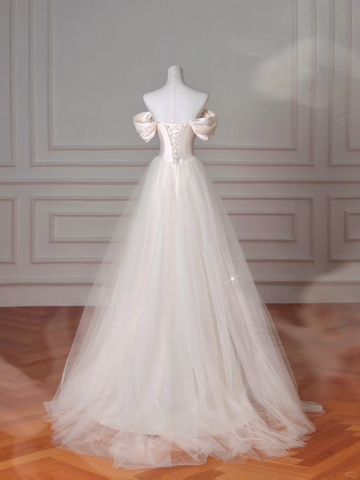 Robe de soirée sirène élégante en satin blanc à épaules dénudées et perles, robe de bal ou de mariée Y8617