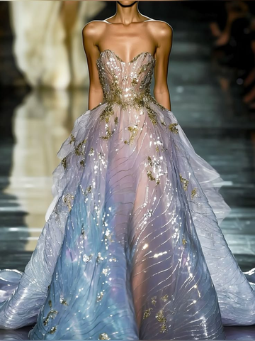 Robe de soirée longue de bal de promo en tulle bleu sans bretelles et sequins, modèle Dream Y8379