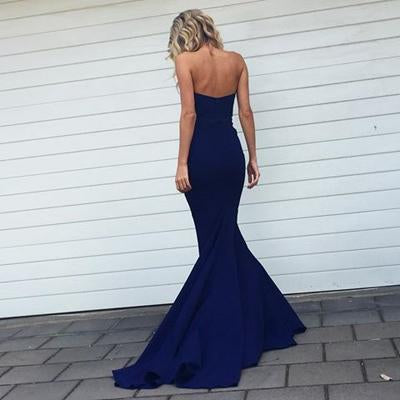Navy Blue Sweetheart Pleats Mermaid Bridesmaid Dresses With Sweep Train