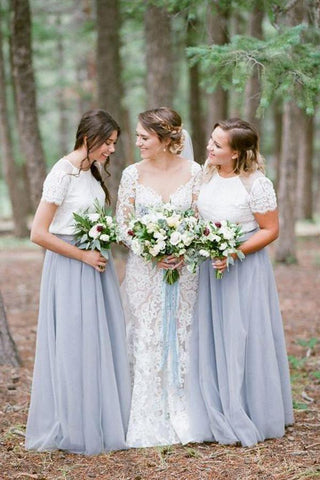 Light Grey Tulle Skirt White Top Short Sleeve Long Bridesmaid Dresses